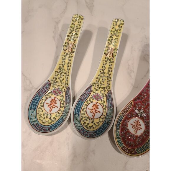 Mun Shou Multi Color Longevity Porcelain Asian Chinese Soup Rice Spoons Set of 6 - Picture 5 of 10